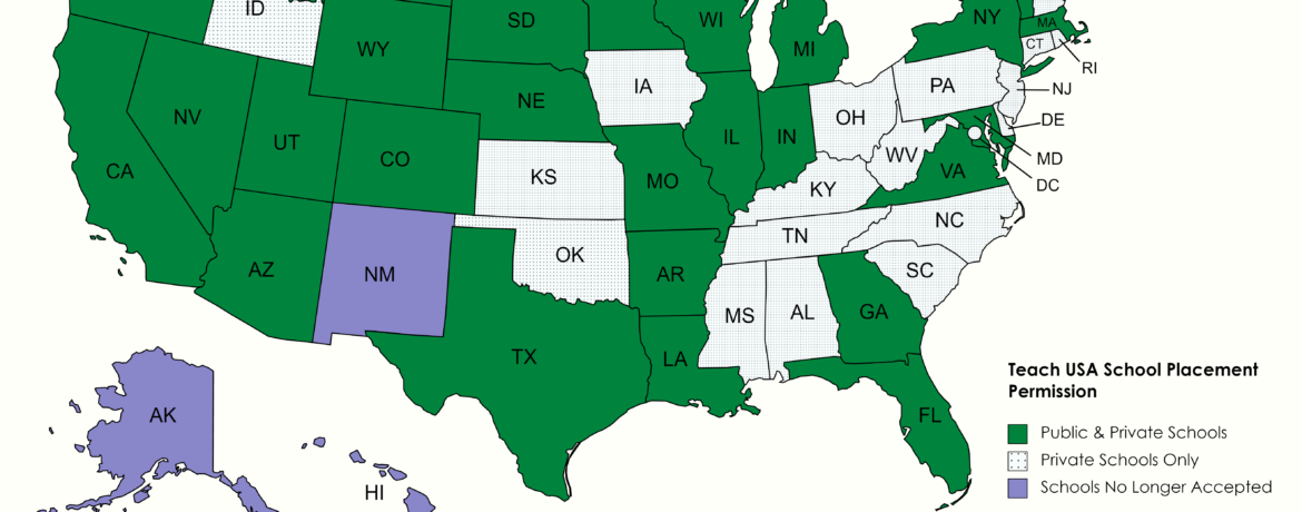 Greenheart Exchange’s TEACH USA program – Allowed Placements Map